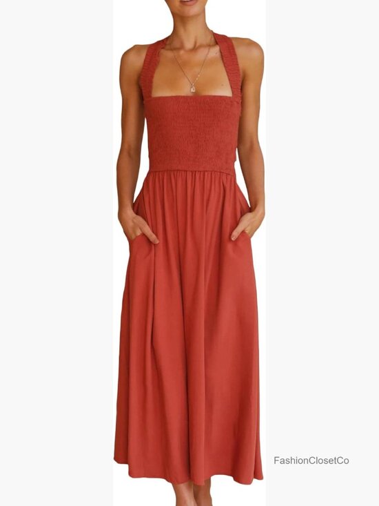 Dresses & Skirts - Square Neck Halter Lace Up Criss Cross Maxi Dress Smocked Ruched A Line
